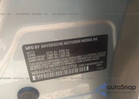 2015 BMW 640I Gran Coupe z USA, uszkodzony, nr VIN WBA6A0C57FGB53750